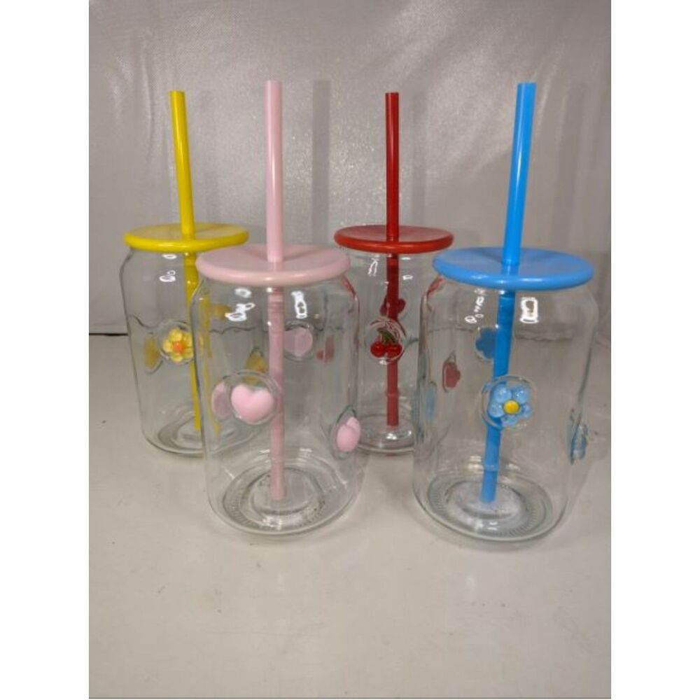 Viral Coquette Heart Glass Tumblers Pink Red Cherry Lid Straw Set of 4 Cute